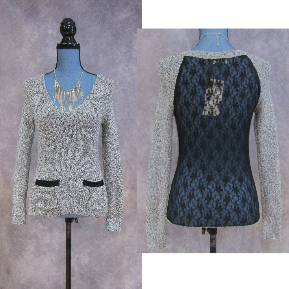NEW Smudge Black & White Marled Lace Back Sweater